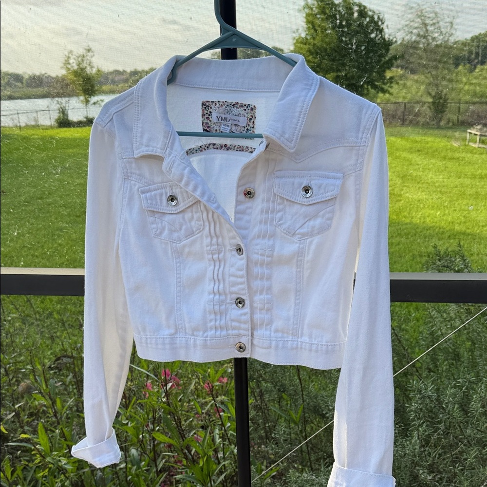 YMI White Cropped Denim cropped Jacket with Button Front